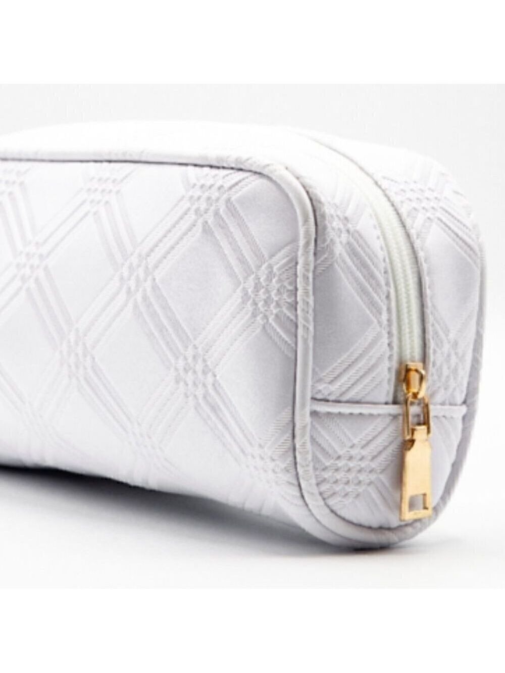 White Vegan Leather Diamond Pattern Embossed Gold zipper Cosmetic Bag Travel